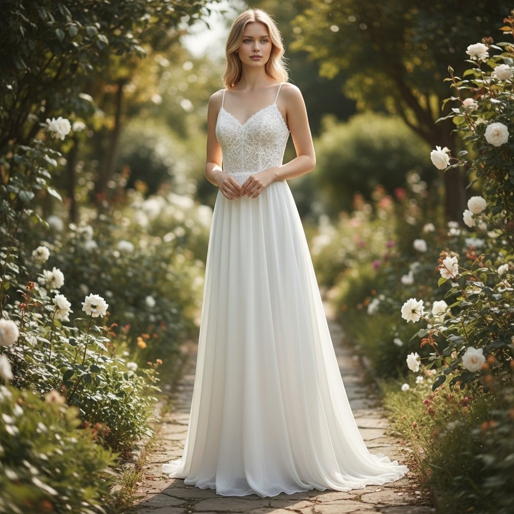 BSTYBNG NWT White Lace Chiffon Wedding Dress V Neck Spaghetti Strap Bridal Gown